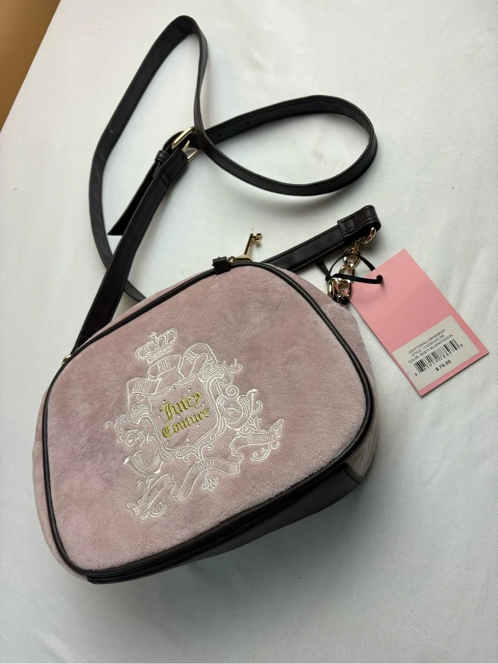 Juicy Couture Pink Suede Crossbody with Black Trim & Gold Accent